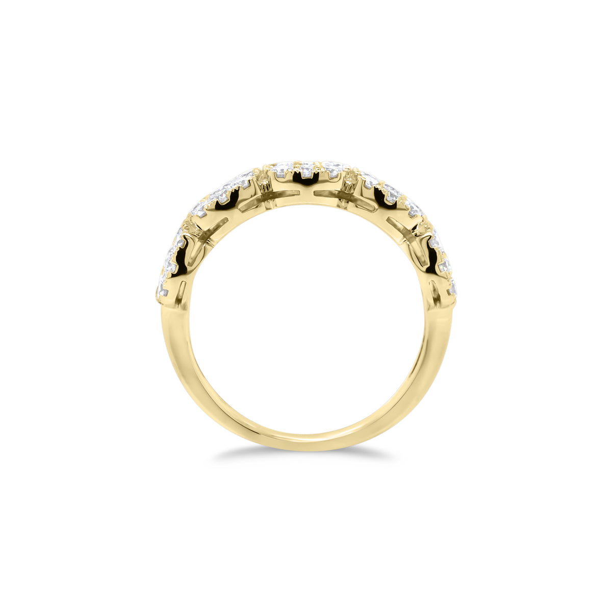 Diamond Cushion Wedding Band  - 18K gold weighing 3.89 grams  - 5 round diamonds totaling 0.50 carats  - 40 round diamonds totaling 0.85 carats