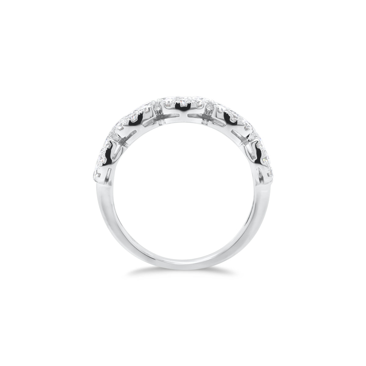 Diamond Cushion Wedding Band  - 18K gold weighing 3.89 grams  - 5 round diamonds totaling 0.50 carats  - 40 round diamonds totaling 0.85 carats