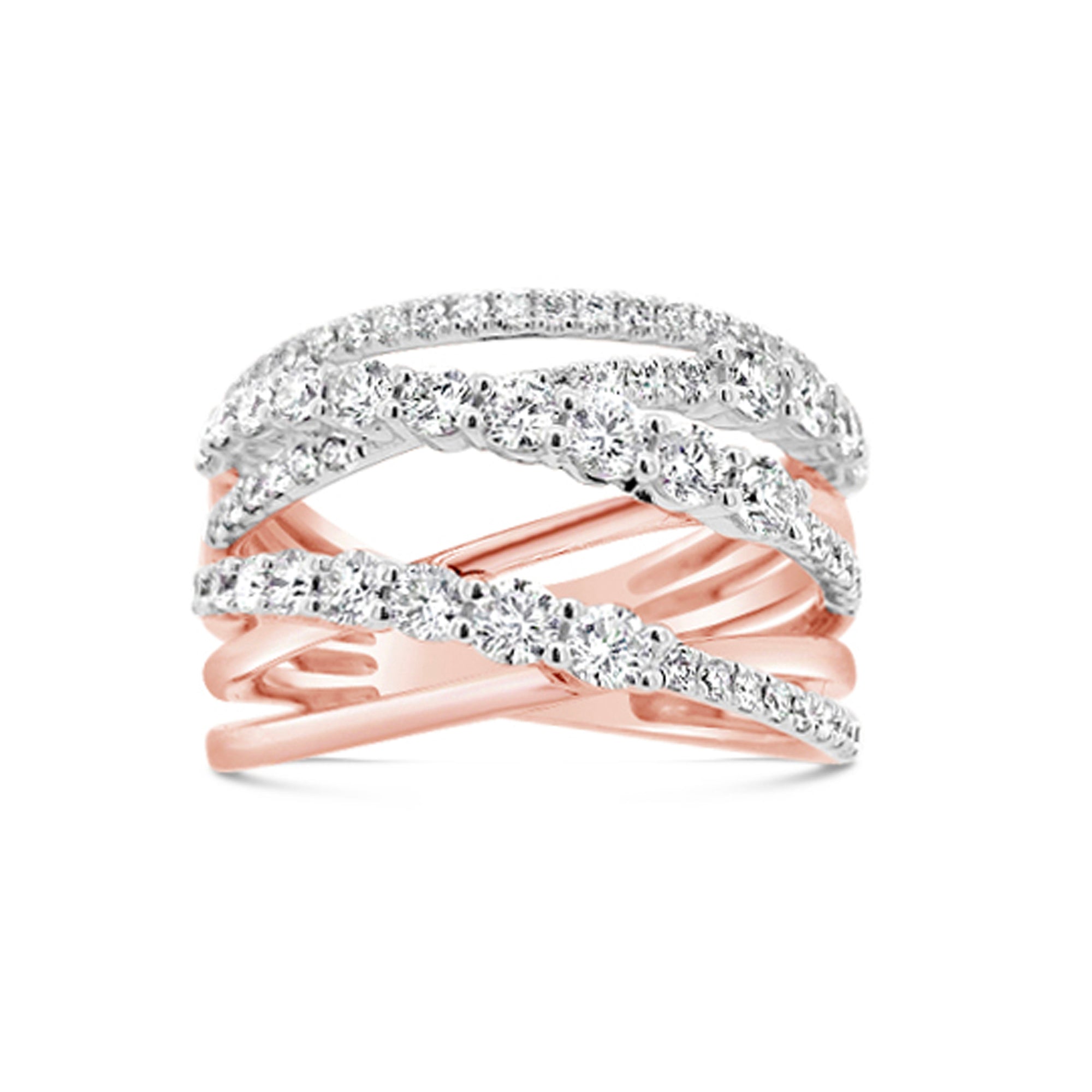 Prong-set Diamond & Gold Strand Fashion Ring  -18k gold weighing 8.58 grams  -13 round diamonds weighing .64 carats  -55 round diamonds weighing .51 carats