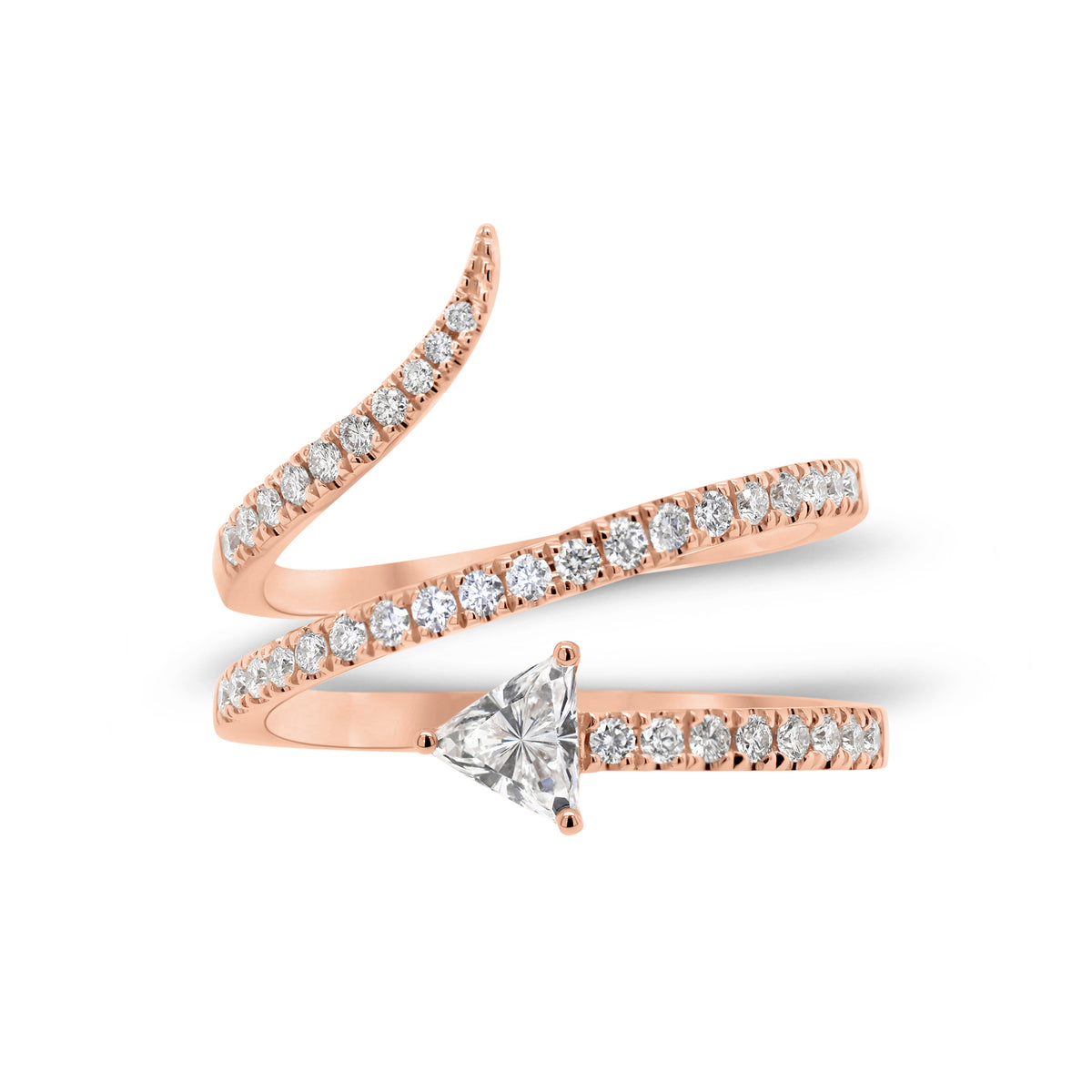 Trillion-Cut Diamond Wrap Ring  - 18K gold weighing 4.45 grams  - 37 round diamonds totaling 0.32 carats  - 0.22 ct trillion-cut diamond