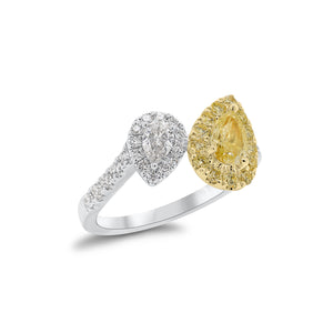Pear-Shaped Yellow Diamond Toi et Moi Ring - 18K gold weighing 3.55 grams  - 0.50 ct yellow pear-shaped diamond  - 13 yellow round diamonds weighing 0.22 carats  - 0.17 ct pear-shaped diamond  - 22 round diamonds weighing 0.25 carats