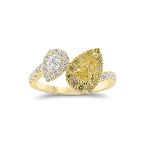 Pear-Shaped Yellow Diamond Toi et Moi Ring - 18K gold weighing 3.55 grams  - 0.50 ct yellow pear-shaped diamond  - 13 yellow round diamonds weighing 0.22 carats  - 0.17 ct pear-shaped diamond  - 22 round diamonds weighing 0.25 carats