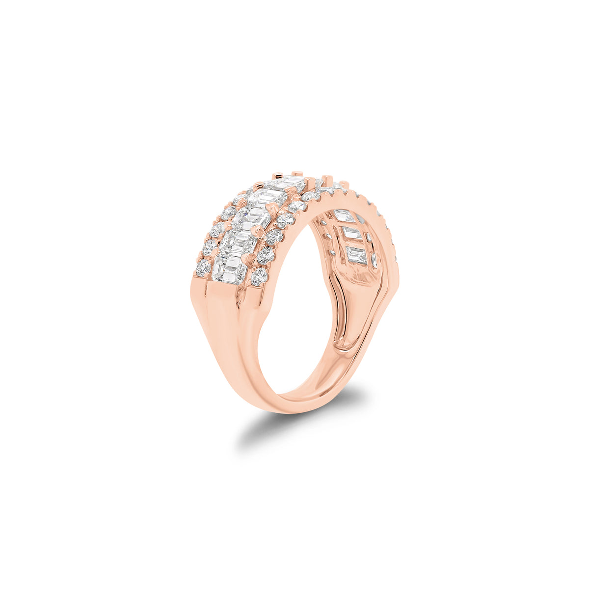 Emerald-Cut and Round Diamond Wedding Band - 18K gold weighing 4.57 grams  - 11 emerald-cut diamonds weighing 1.51 carats  - 28 round diamonds weighing 0.49  carats