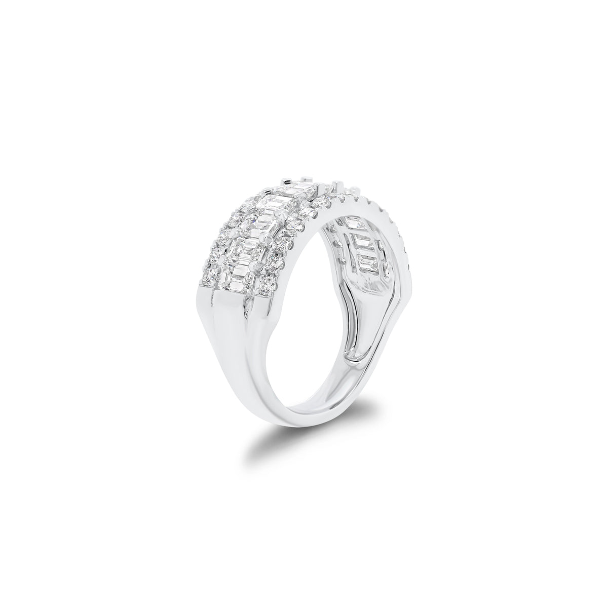 Emerald-Cut and Round Diamond Wedding Band - 18K gold weighing 4.57 grams  - 11 emerald-cut diamonds weighing 1.51 carats  - 28 round diamonds weighing 0.49  carats