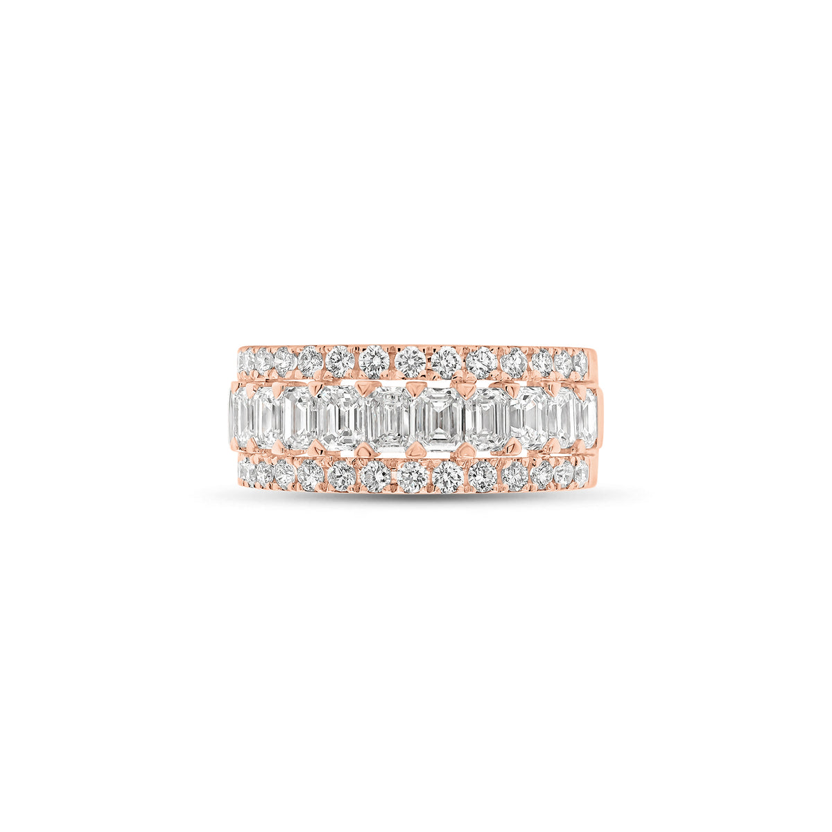 Emerald-Cut and Round Diamond Wedding Band - 18K gold weighing 4.57 grams  - 11 emerald-cut diamonds weighing 1.51 carats  - 28 round diamonds weighing 0.49  carats