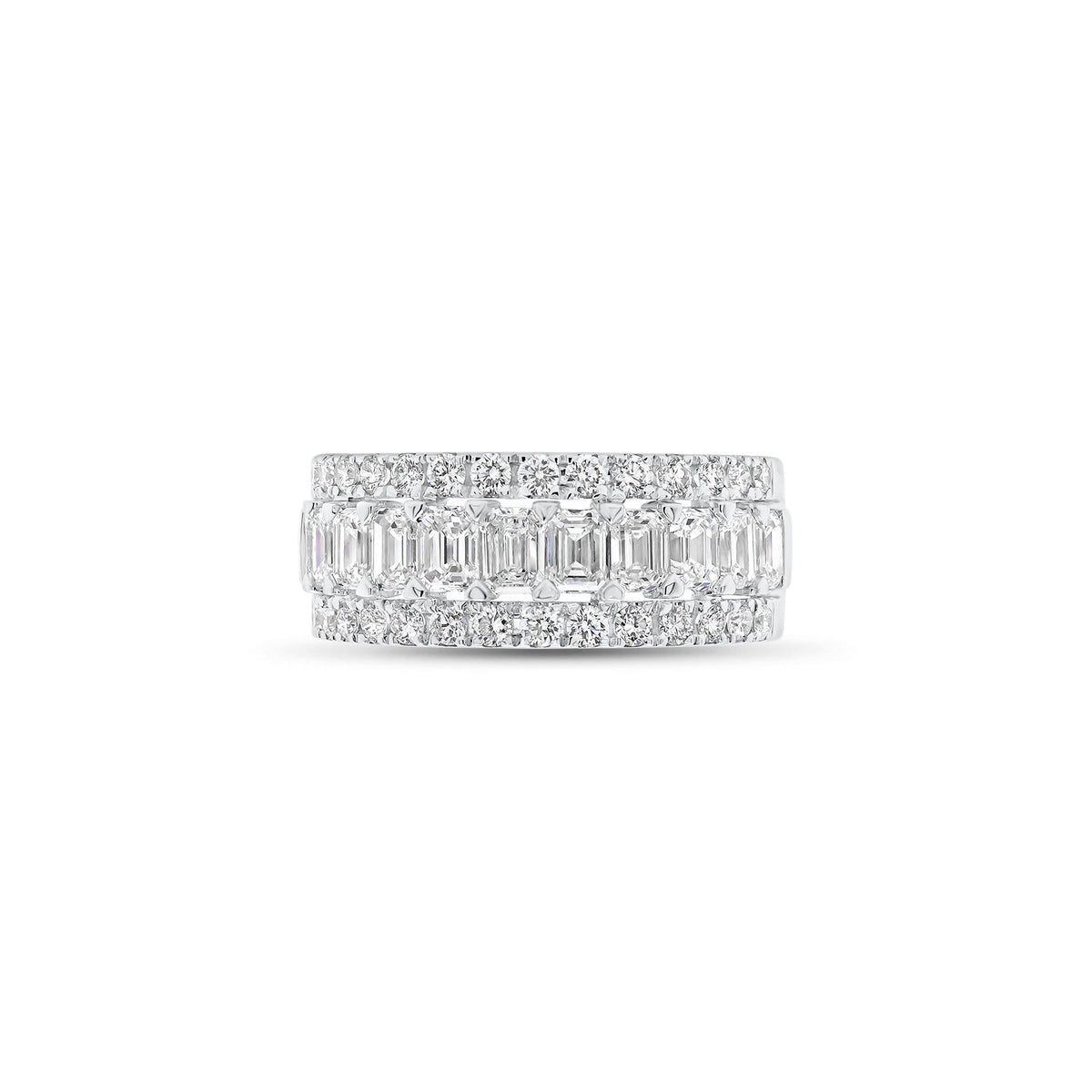 Emerald-Cut and Round Diamond Wedding Band - 18K gold weighing 4.57 grams  - 11 emerald-cut diamonds weighing 1.51 carats  - 28 round diamonds weighing 0.49  carats