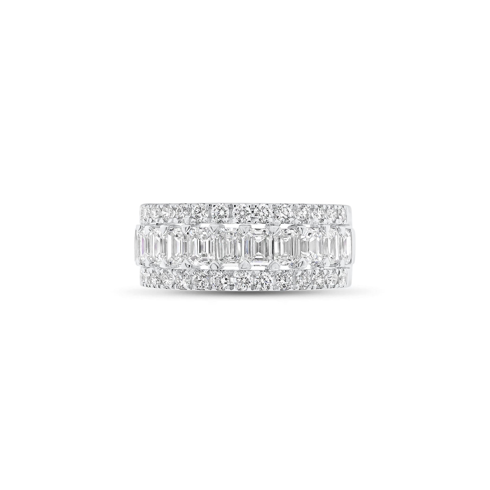 Emerald-Cut and Round Diamond Wedding Band - 18K gold weighing 4.57 grams  - 11 emerald-cut diamonds weighing 1.51 carats  - 28 round diamonds weighing 0.49  carats