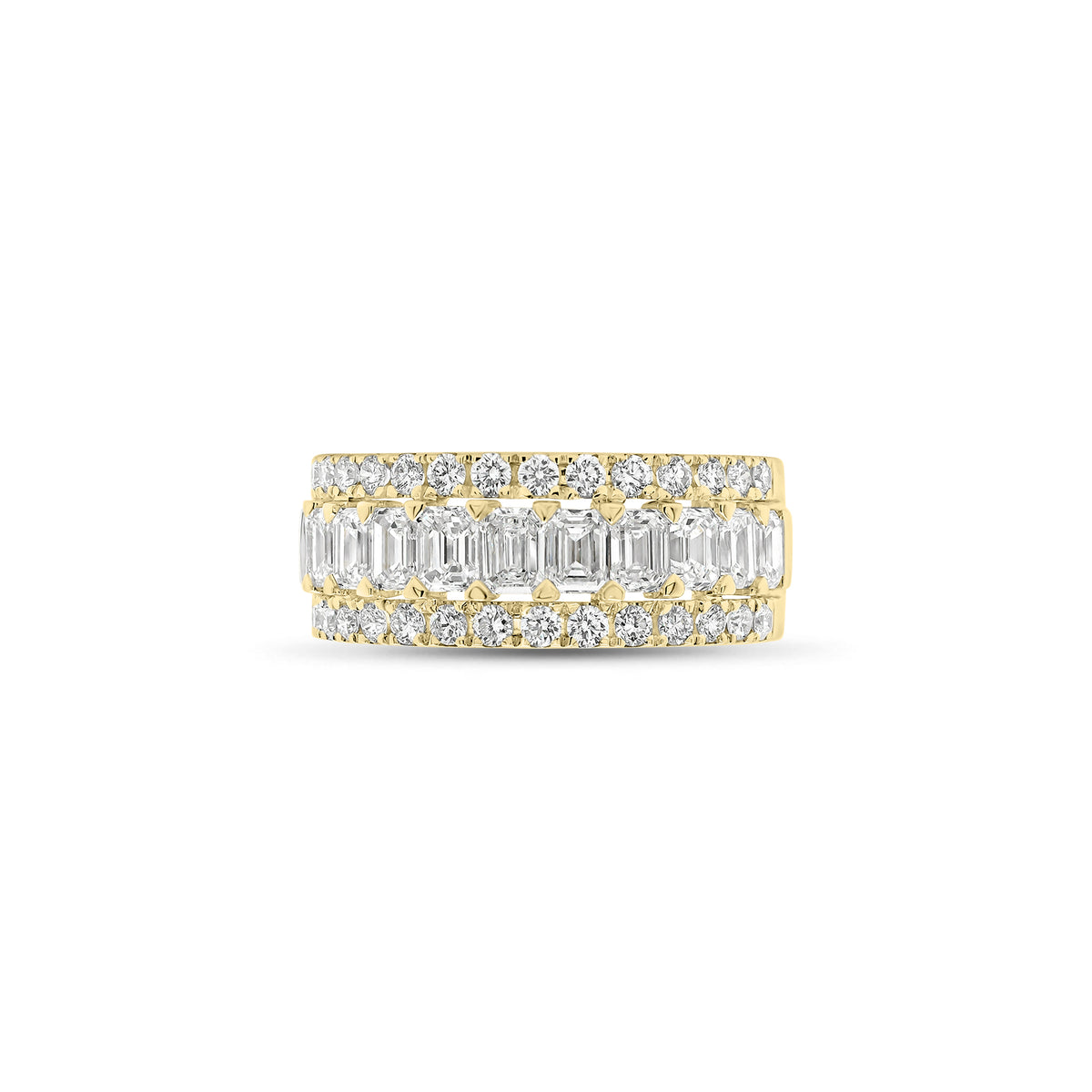 Emerald-Cut and Round Diamond Wedding Band - 18K gold weighing 4.57 grams  - 11 emerald-cut diamonds weighing 1.51 carats  - 28 round diamonds weighing 0.49  carats