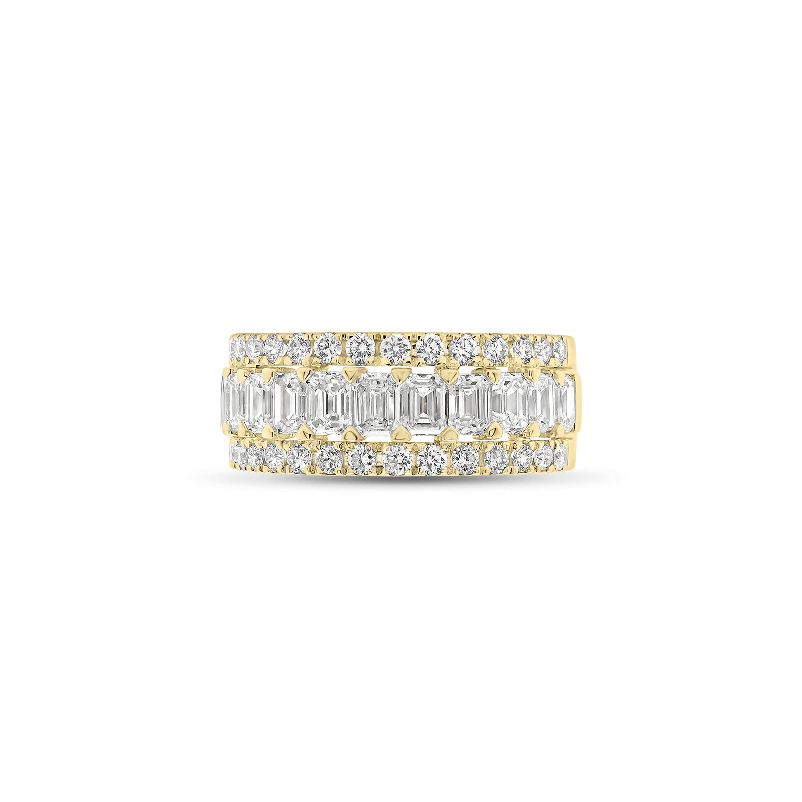 Emerald-Cut and Round Diamond Wedding Band - 18K gold weighing 4.57 grams  - 11 emerald-cut diamonds weighing 1.51 carats  - 28 round diamonds weighing 0.49  carats