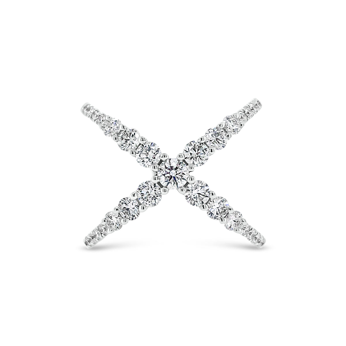 Diamond Criss-Cross Ring  -18K gold weighing 4.89 grams  -20 round diamonds totaling 0.17 carats  -13 round diamonds totaling 0.89 carats