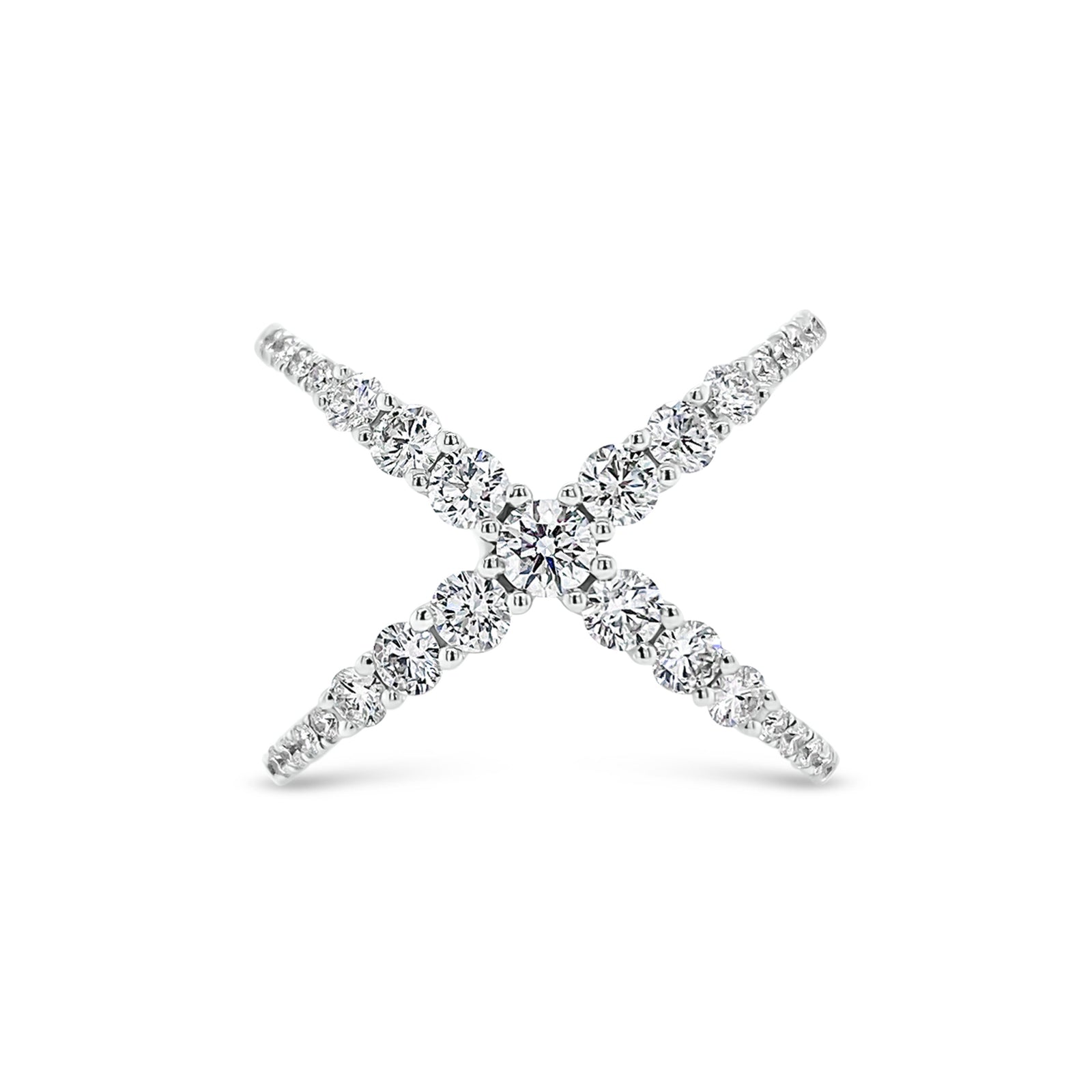 Diamond Criss-Cross Ring  -18K gold weighing 4.89 grams  -20 round diamonds totaling 0.17 carats  -13 round diamonds totaling 0.89 carats