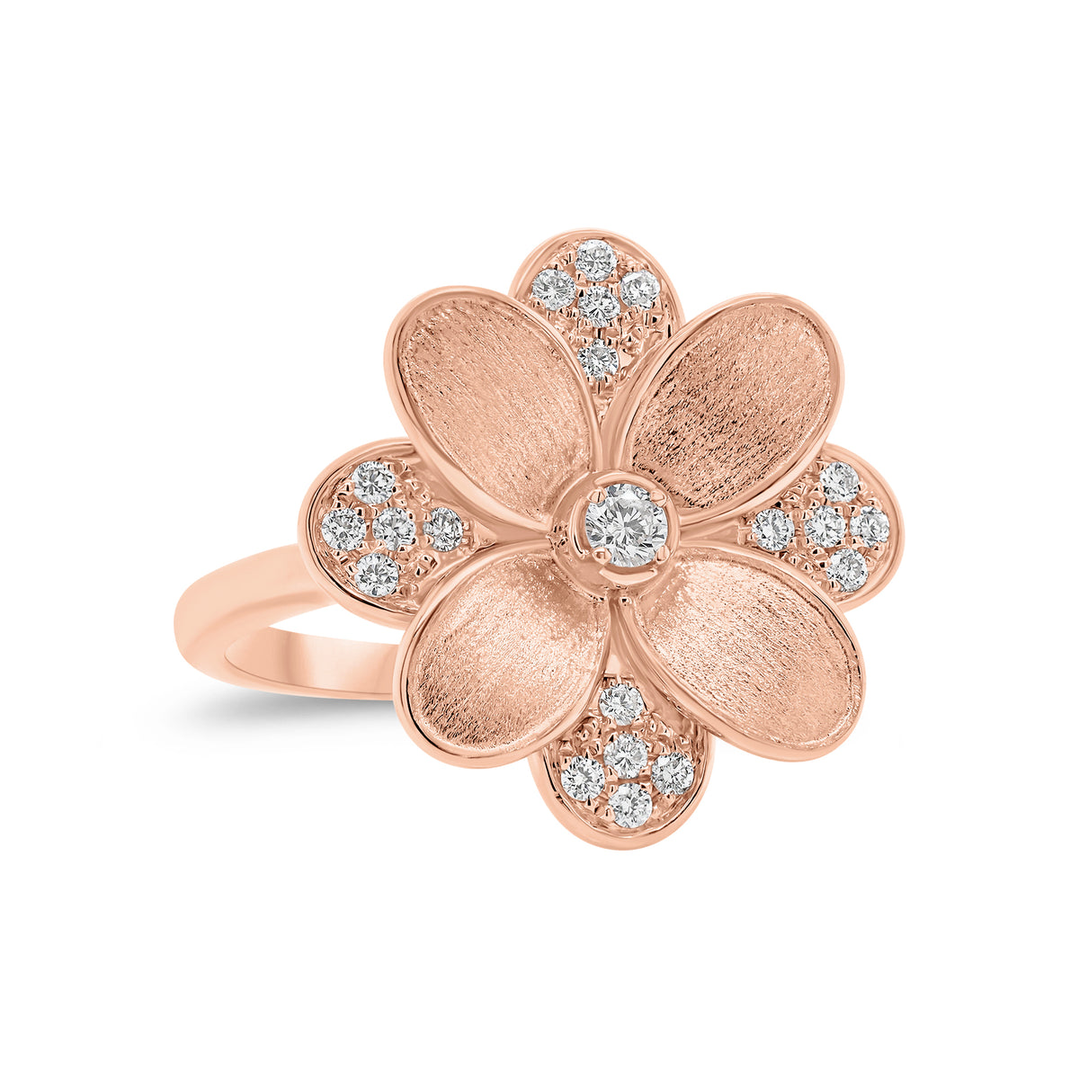 Diamond and Brushed Gold Flower Cocktail Ring - 18K gold weighing 6.79 grams  - 21 round diamonds weighing 0.24 carats