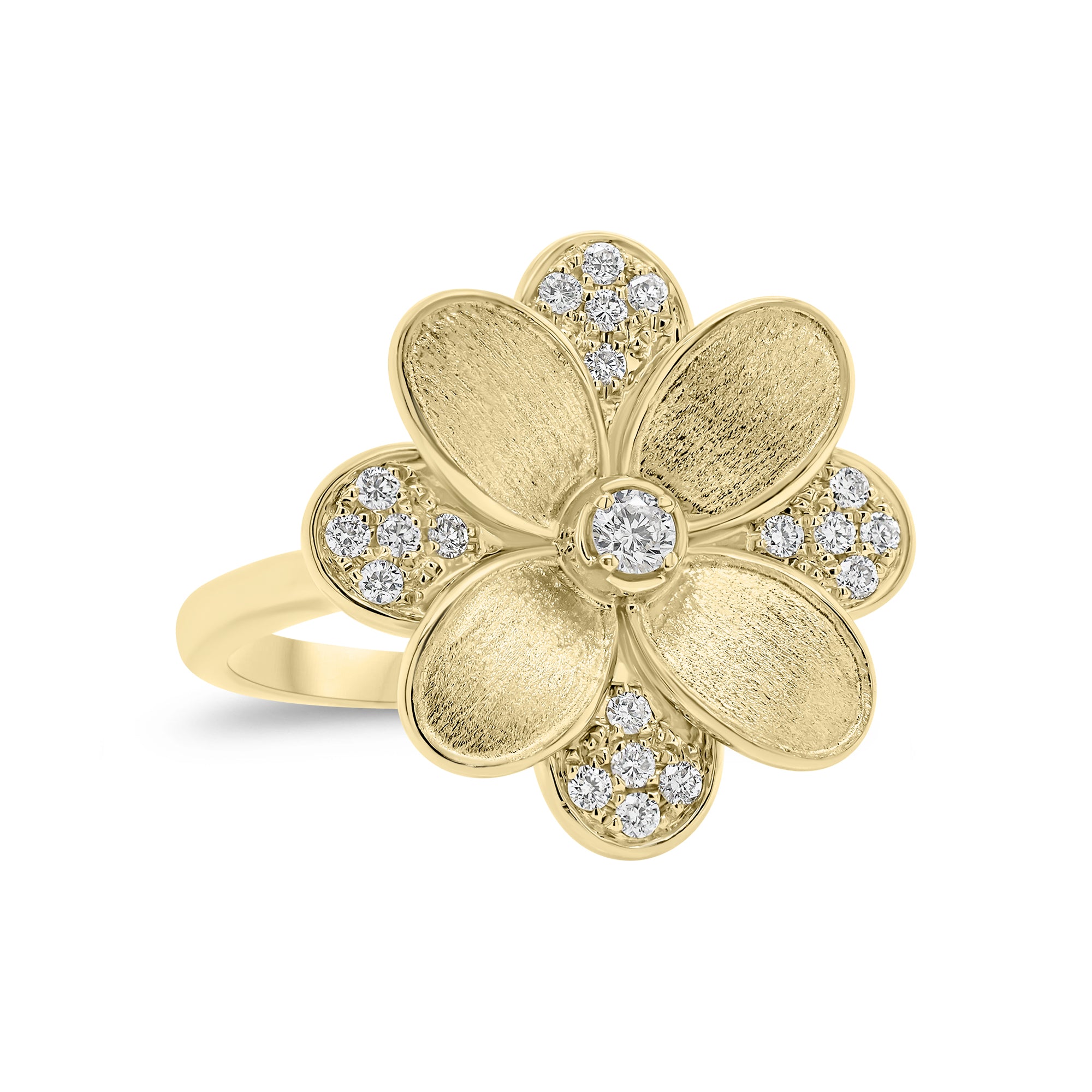 Diamond and Brushed Gold Flower Cocktail Ring - 18K gold weighing 6.79 grams  - 21 round diamonds weighing 0.24 carats