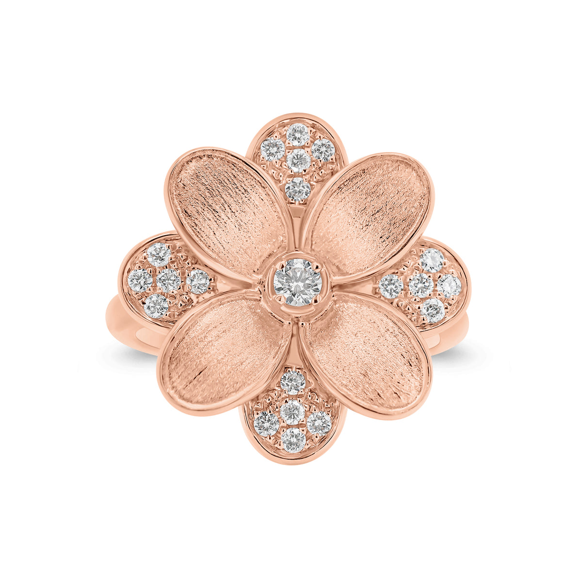 Diamond and Brushed Gold Flower Cocktail Ring - 18K gold weighing 6.79 grams  - 21 round diamonds weighing 0.24 carats