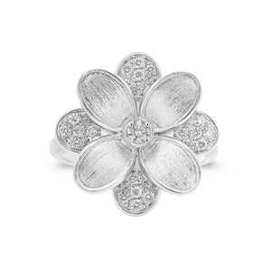 Diamond and Brushed Gold Flower Cocktail Ring - 18K white gold weighing 6.79 grams - 21 round diamonds weighing 0.24 carats