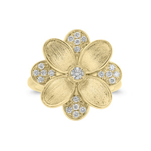 Diamond and Brushed Gold Flower Cocktail Ring - 18K gold weighing 6.79 grams  - 21 round diamonds weighing 0.24 carats