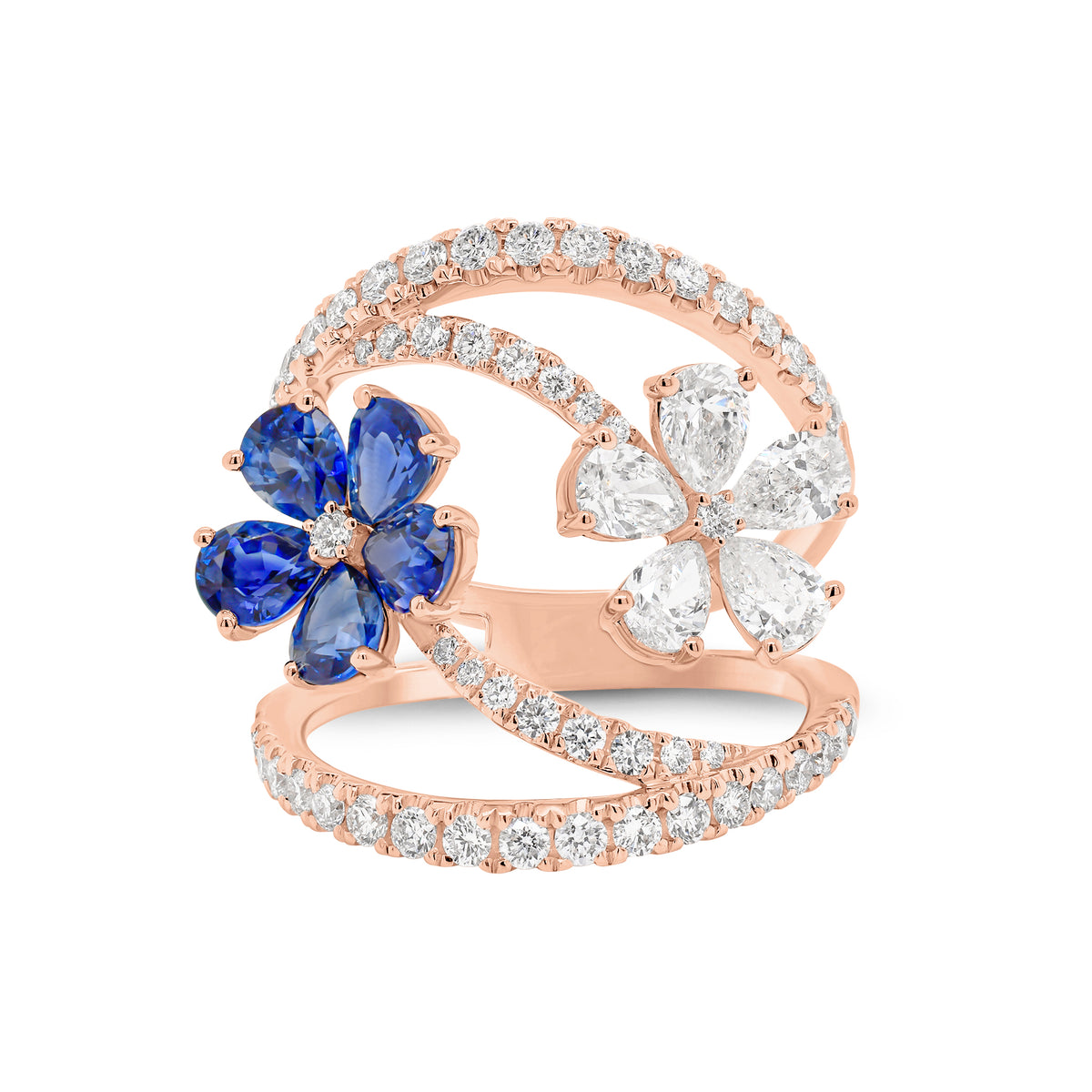 Diamond & Sapphire Flower Wrap Ring- 18K gold weighing 5.61 grams  - 56 round diamonds weighing 0.74 carats  - 5 pear-shaped sapphires weighing 1.49 carats  - 5 pear-shaped diamonds weighing 0.75 carats