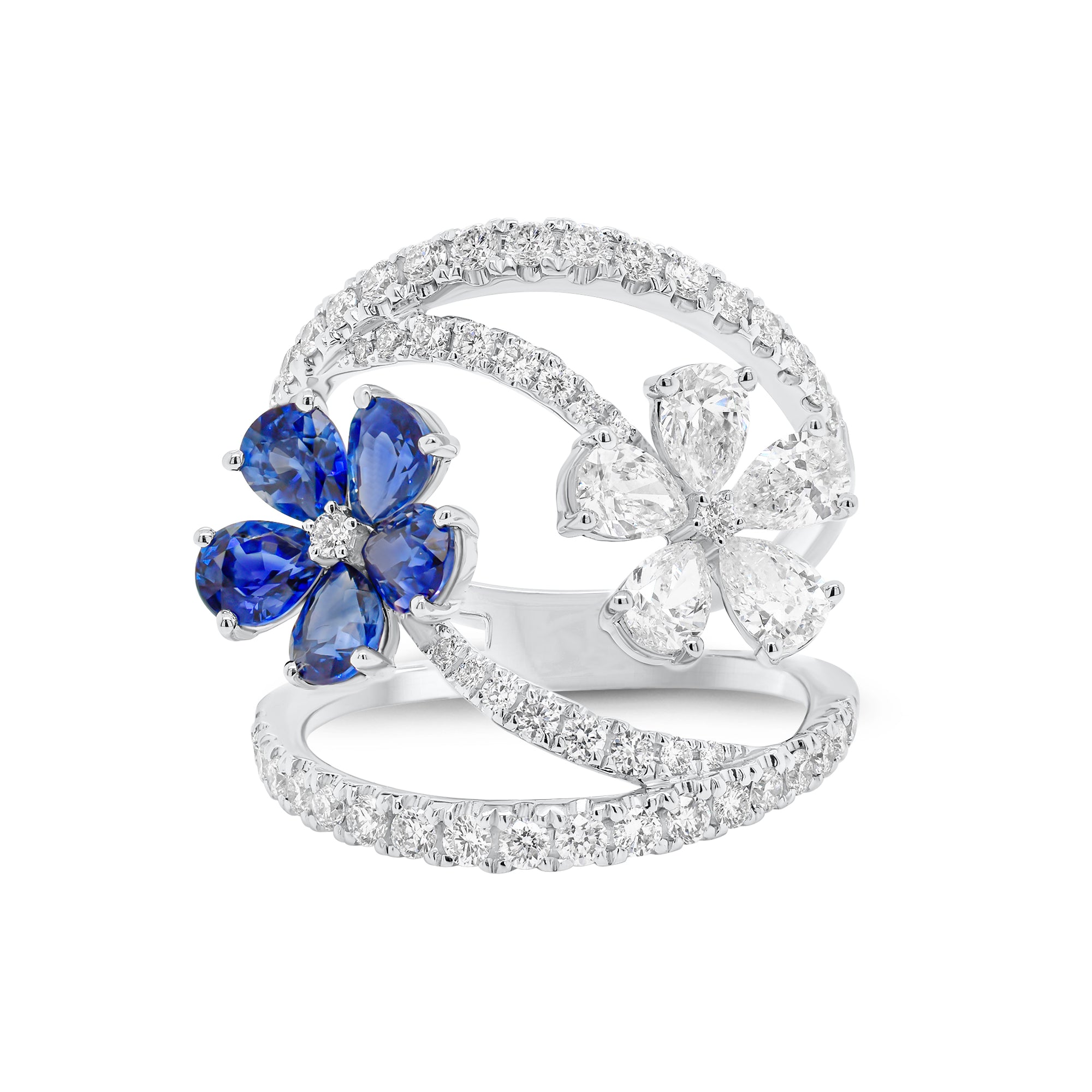 Diamond & Sapphire Flower Wrap Ring- 18K gold weighing 5.61 grams  - 56 round diamonds weighing 0.74 carats  - 5 pear-shaped sapphires weighing 1.49 carats  - 5 pear-shaped diamonds weighing 0.75 carats