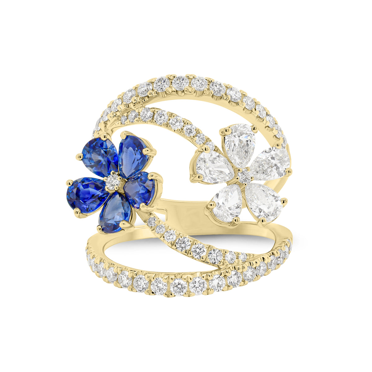 Diamond & Sapphire Flower Wrap Ring- 18K gold weighing 5.61 grams  - 56 round diamonds weighing 0.74 carats  - 5 pear-shaped sapphires weighing 1.49 carats  - 5 pear-shaped diamonds weighing 0.75 carats
