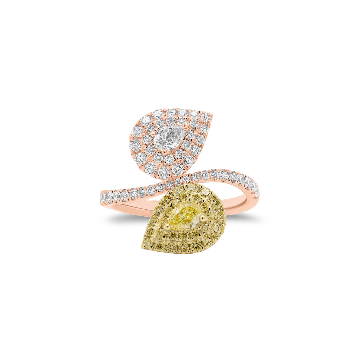 Yellow Diamond Toi et Moi Ring - 18K gold weighing 4.22 grams - 0.22 ct Fancy yellow pear-shaped diamond - 0.13 ct pear-shaped diamond - 28 Fancy yellow round diamonds weighing 0.26 carats - 49 round diamonds weighing 0.50 carats