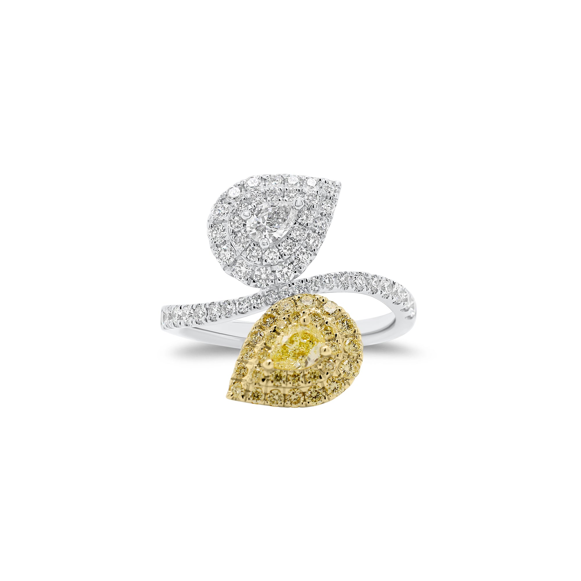 Yellow Diamond Toi et Moi Ring - 18K gold weighing 4.22 grams  - 0.22 ct Fancy yellow pear-shaped diamond  - 0.13 ct pear-shaped diamond  - 28 Fancy yellow round diamonds weighing 0.26 carats  - 49 round diamonds weighing 0.50 carats