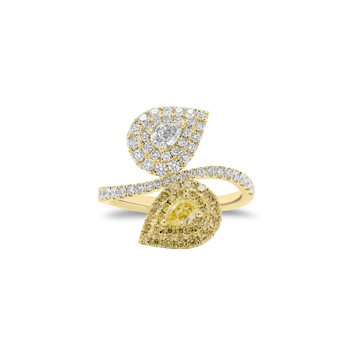 Yellow Diamond Toi et Moi Ring - 18K gold weighing 4.22 grams - 0.22 ct Fancy yellow pear-shaped diamond - 0.13 ct pear-shaped diamond - 28 Fancy yellow round diamonds weighing 0.26 carats - 49 round diamonds weighing 0.50 carats
