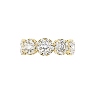 Halo Diamond Wedding Band  - 18K gold weighing 3.53 grams  - 5 round diamonds totaling 0.58 carats  - 45 round diamonds totaling 0.56 carats