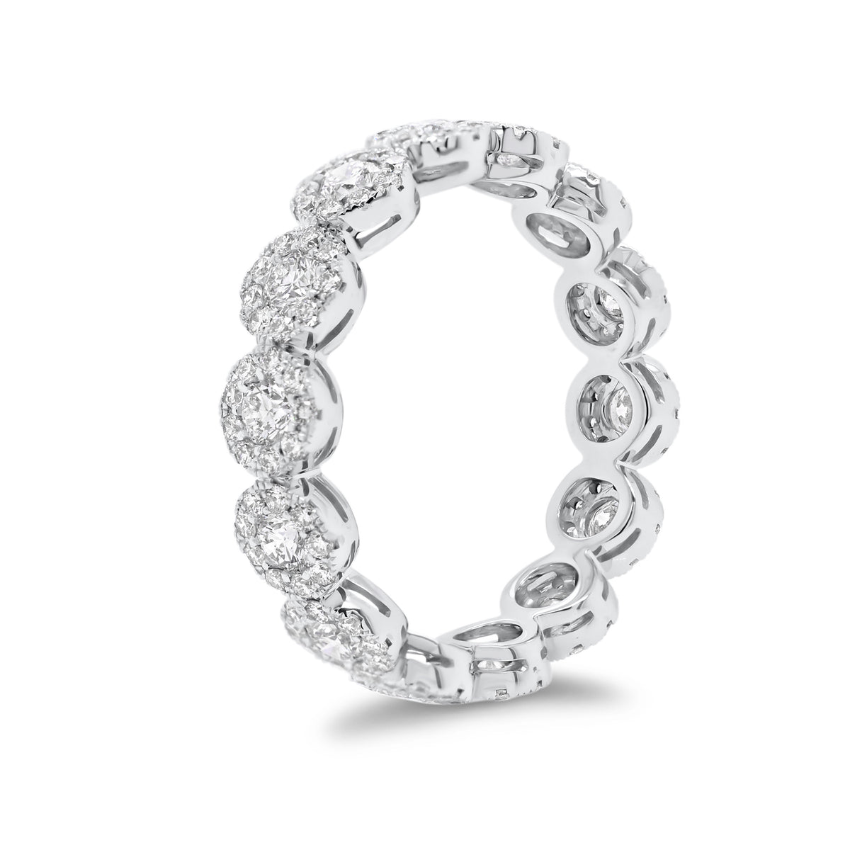 Halo Diamond Eternity Ring  - 18K gold weighing 2.90 grams  - 126 round diamonds totaling 0.68 carats  - 14 round diamonds totaling 0.79 carats
