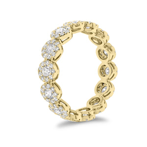 Halo Diamond Eternity Ring  - 18K gold weighing 2.90 grams  - 126 round diamonds totaling 0.68 carats  - 14 round diamonds totaling 0.79 carats