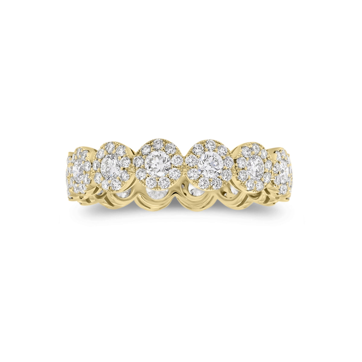 Halo Diamond Eternity Ring  - 18K gold weighing 2.90 grams  - 126 round diamonds totaling 0.68 carats  - 14 round diamonds totaling 0.79 carats