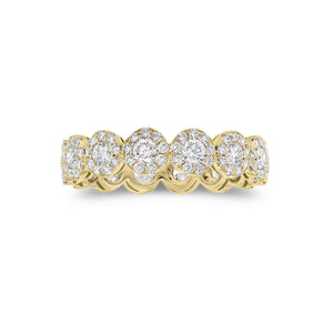 Halo Diamond Eternity Ring  - 18K gold weighing 2.90 grams  - 126 round diamonds totaling 0.68 carats  - 14 round diamonds totaling 0.79 carats