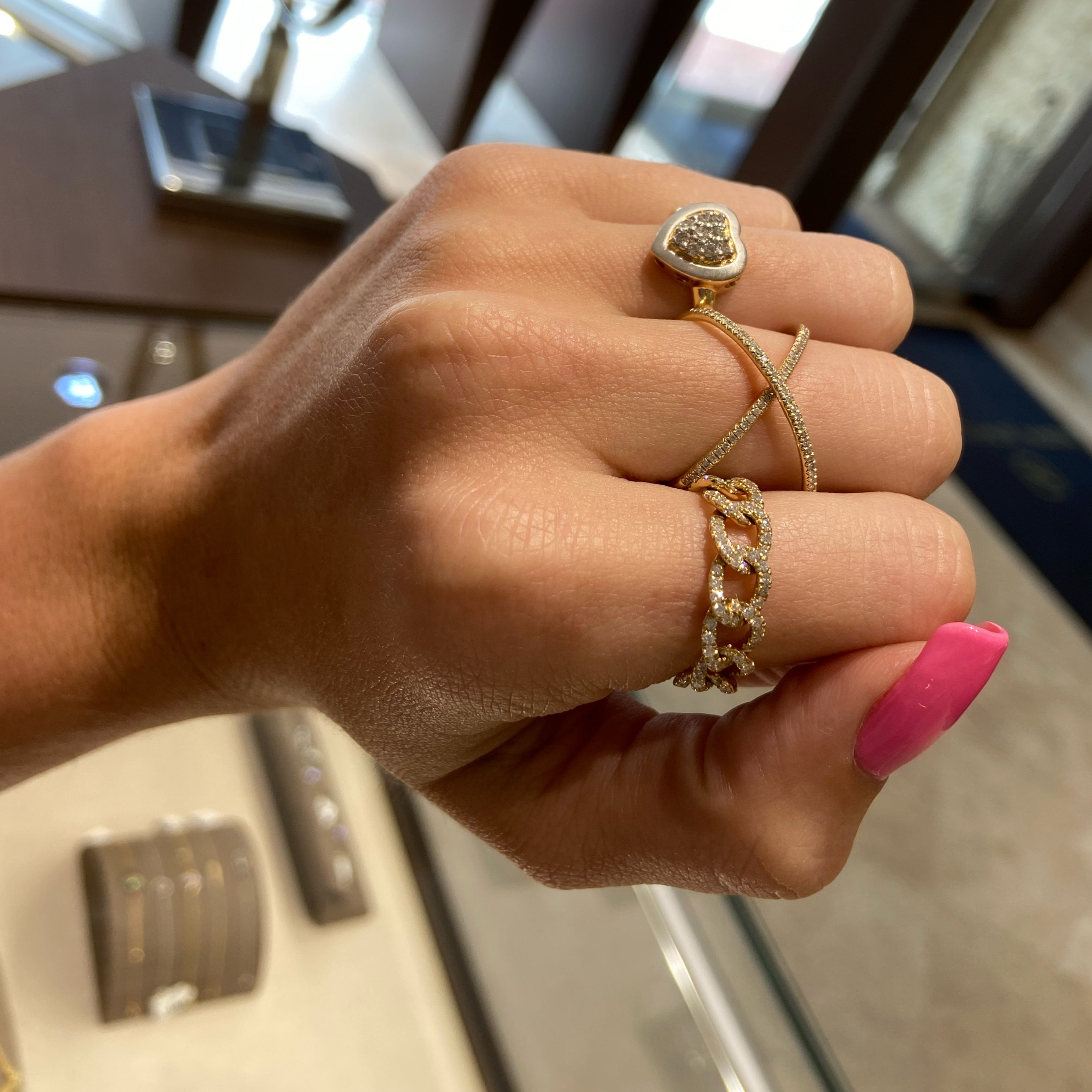 Diamond & Gold Curb Flexible Chain Ring - Nuha Jewelers