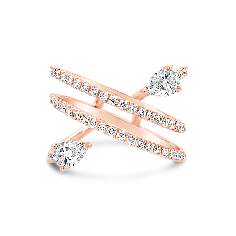 Pear-Shaped Diamond Crossover Fashion Ring  -18k rose gold weighing 5.52 grams  -48 round diamonds weighing .42 carats  -2 pear-shaped diamonds weighing .52 carats