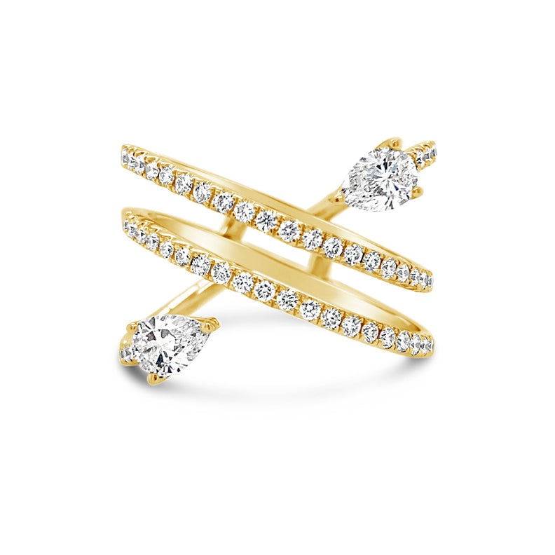 Pear-Shaped Diamond Crossover Fashion Ring  -18k yellow gold weighing 5.52 grams  -48 round diamonds weighing .42 carats  -2 pear-shaped diamonds weighing .52 carats