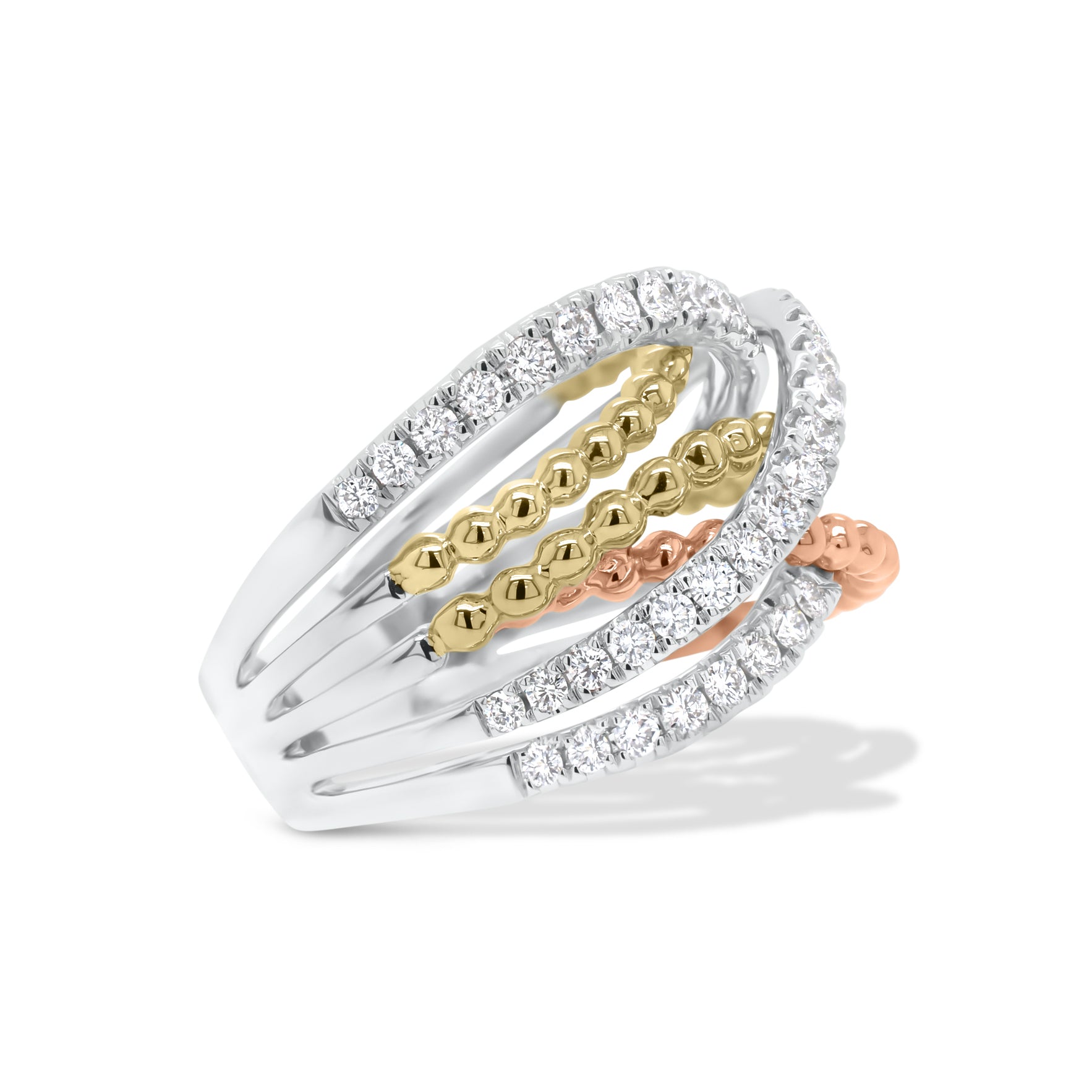 Diamond & Beaded Gold Interwoven Bands Ring  - 14K gold weighing 8.03 grams  - 51 round diamonds totaling 0.74 carats