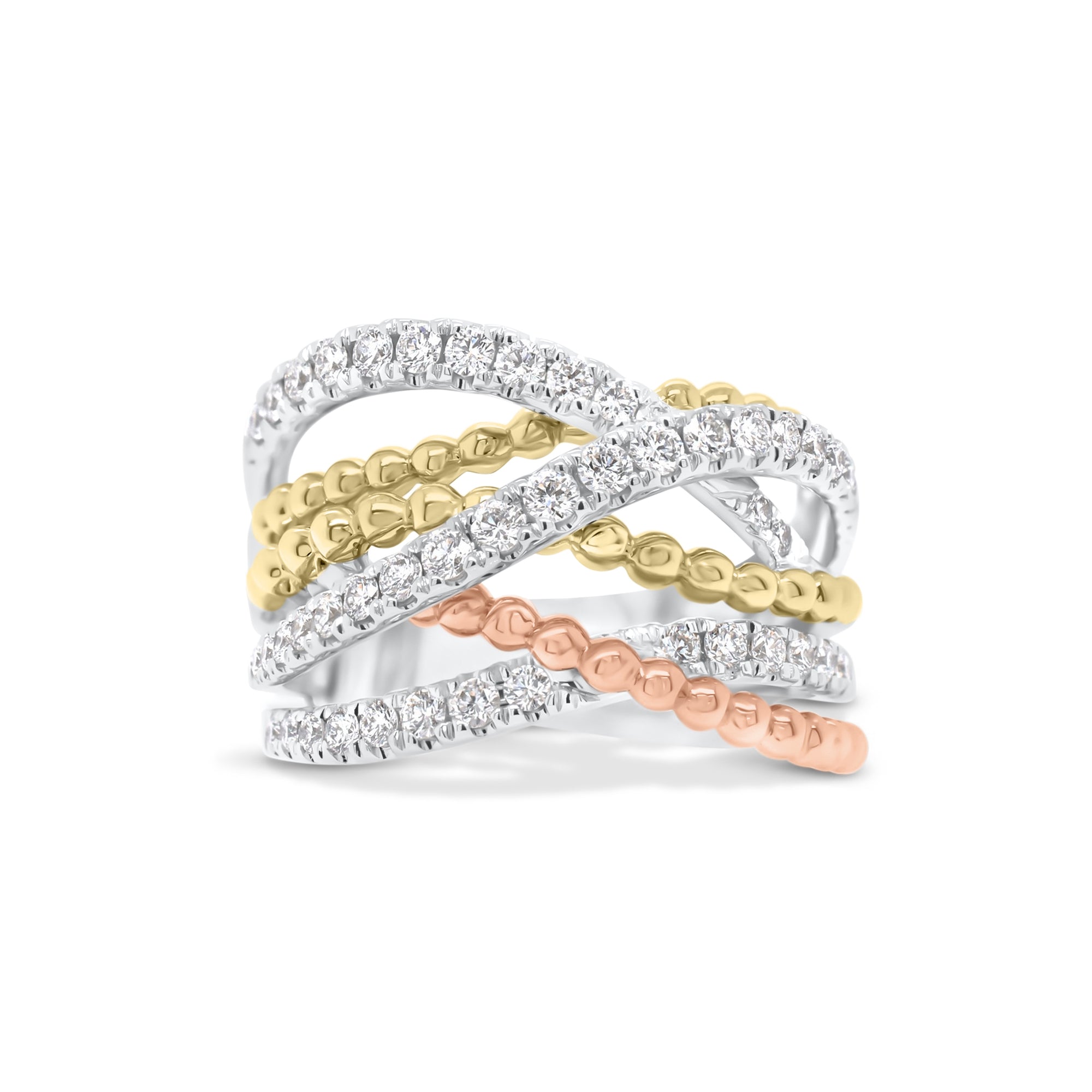 Diamond & Beaded Gold Interwoven Bands Ring  - 14K gold weighing 8.03 grams  - 51 round diamonds totaling 0.74 carats