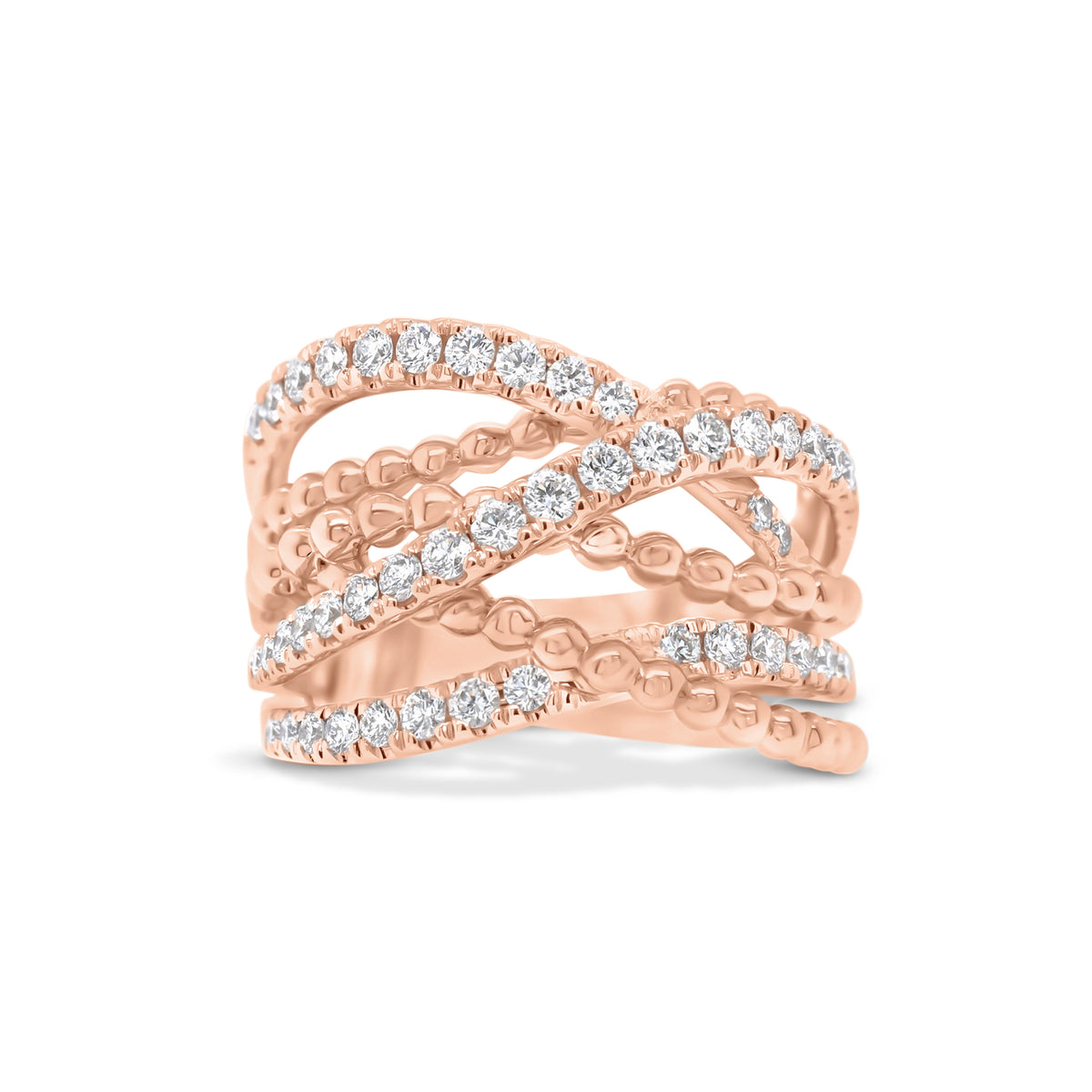 Diamond & Beaded Gold Interwoven Bands Ring  - 14K gold weighing 8.03 grams  - 51 round diamonds totaling 0.74 carats