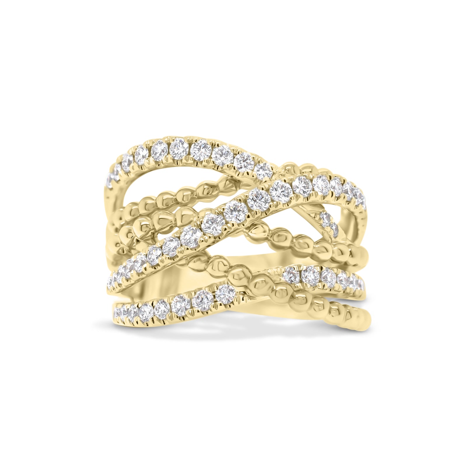 Diamond & Beaded Gold Interwoven Bands Ring  - 14K gold weighing 8.03 grams  - 51 round diamonds totaling 0.74 carats