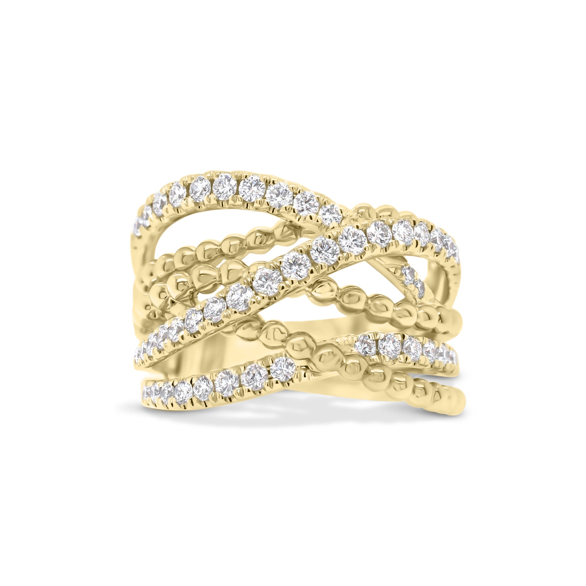 Diamond & Beaded Gold Interwoven Bands Ring  - 14K gold weighing 8.03 grams  - 51 round diamonds totaling 0.74 carats