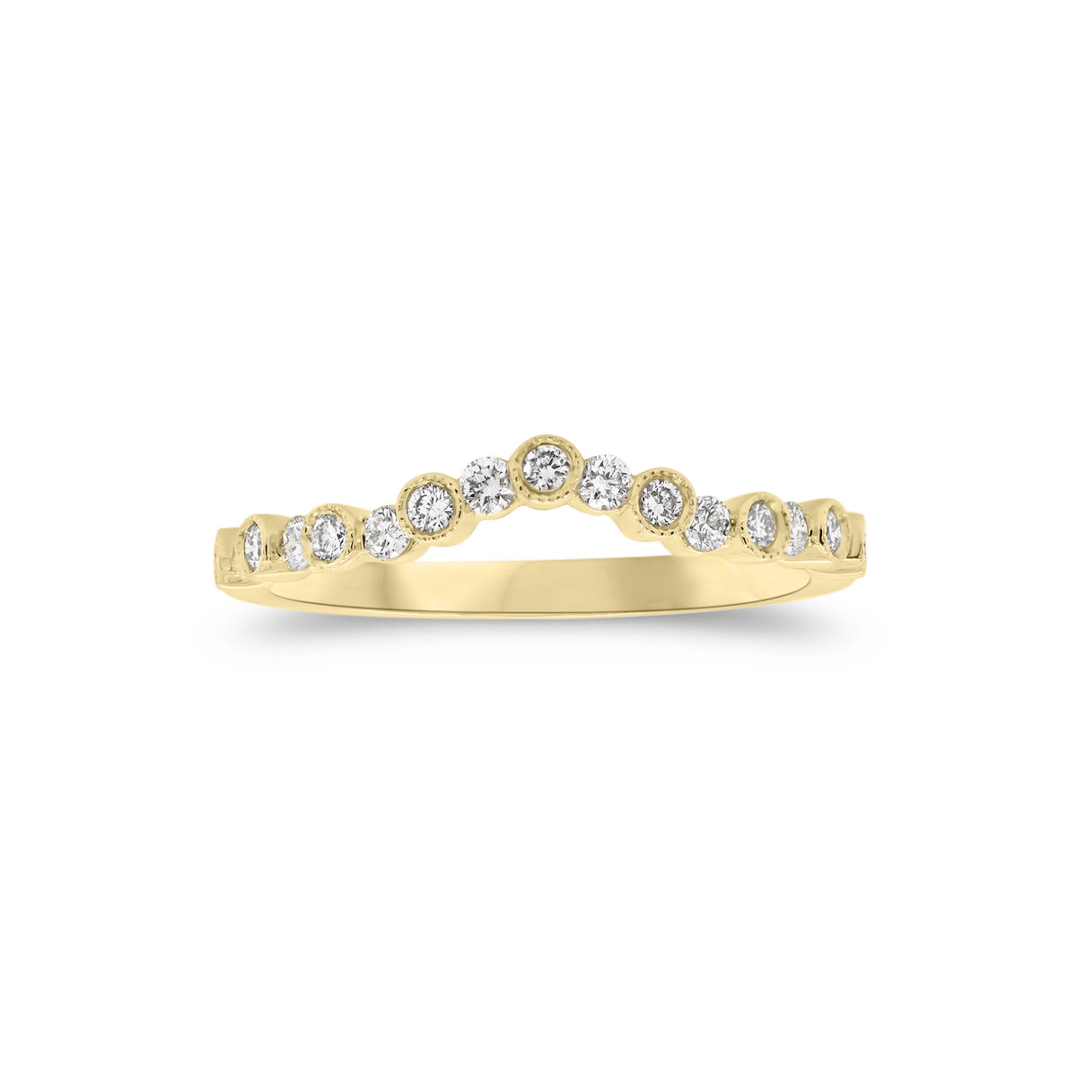 Bezel-set diamond curved wedding band - 18K gold weighing 2.09 grams  - 17 round diamonds totaling 0.25 carats