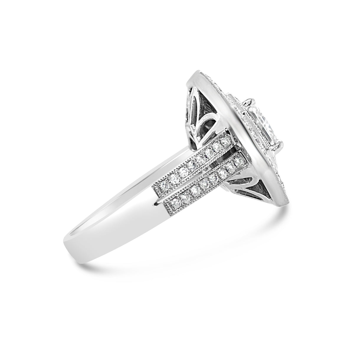 Octagonal Diamond & Sapphire Right Hand Ring  -18k gold weighing 8.13 grams  -84 round diamonds weighing .56 carats  -24 princess-cut sapphires weighing .89 carats  -1 princess-cut diamond weighing 1.13 carats with G-I2 (GIA clarity standards)