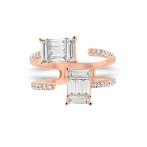 Diamond Baguette Double Claw Ring - 18K rose gold weighing 4.59 grams - 10 slim baguettes totaling 0.80 carats - 33 round diamonds totaling 0.32 carats