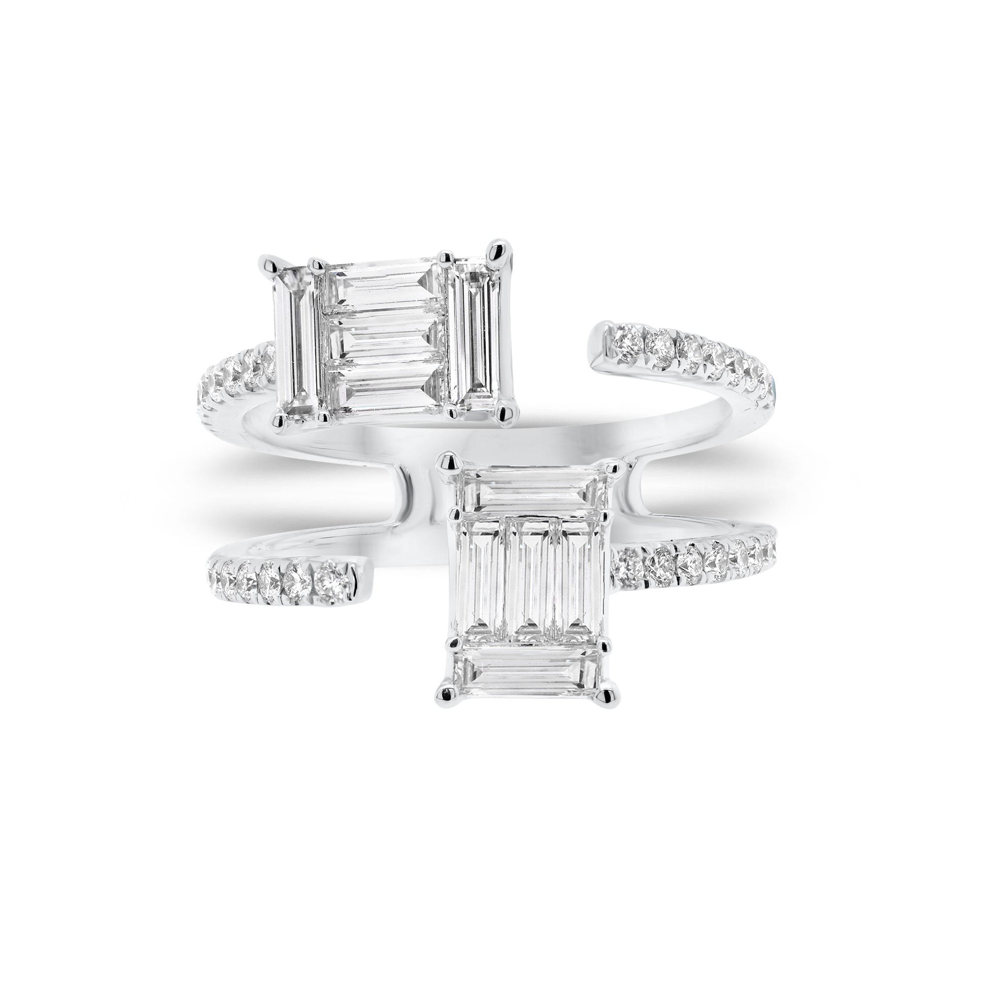 Diamond Baguette Double Claw Ring - 18K white gold weighing 4.59 grams  - 10 slim baguettes totaling 0.80 carats  - 33 round diamonds totaling 0.32 carats