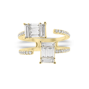 Diamond Baguette Double Claw Ring - 18K yellow gold weighing 4.59 grams - 10 slim baguettes totaling 0.80 carats - 33 round diamonds totaling 0.32 carats