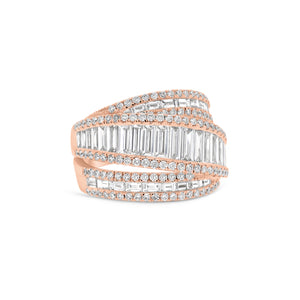 Baguette Diamond Crossover Ring  - 18K gold weighing 8.42 grams  - 128 round diamonds totaling 0.77 carats  - 40 slim baguettes totaling 1.98 carats