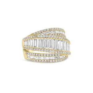 Baguette Diamond Crossover Ring  - 18K gold weighing 8.42 grams  - 128 round diamonds totaling 0.77 carats  - 40 slim baguettes totaling 1.98 carats
