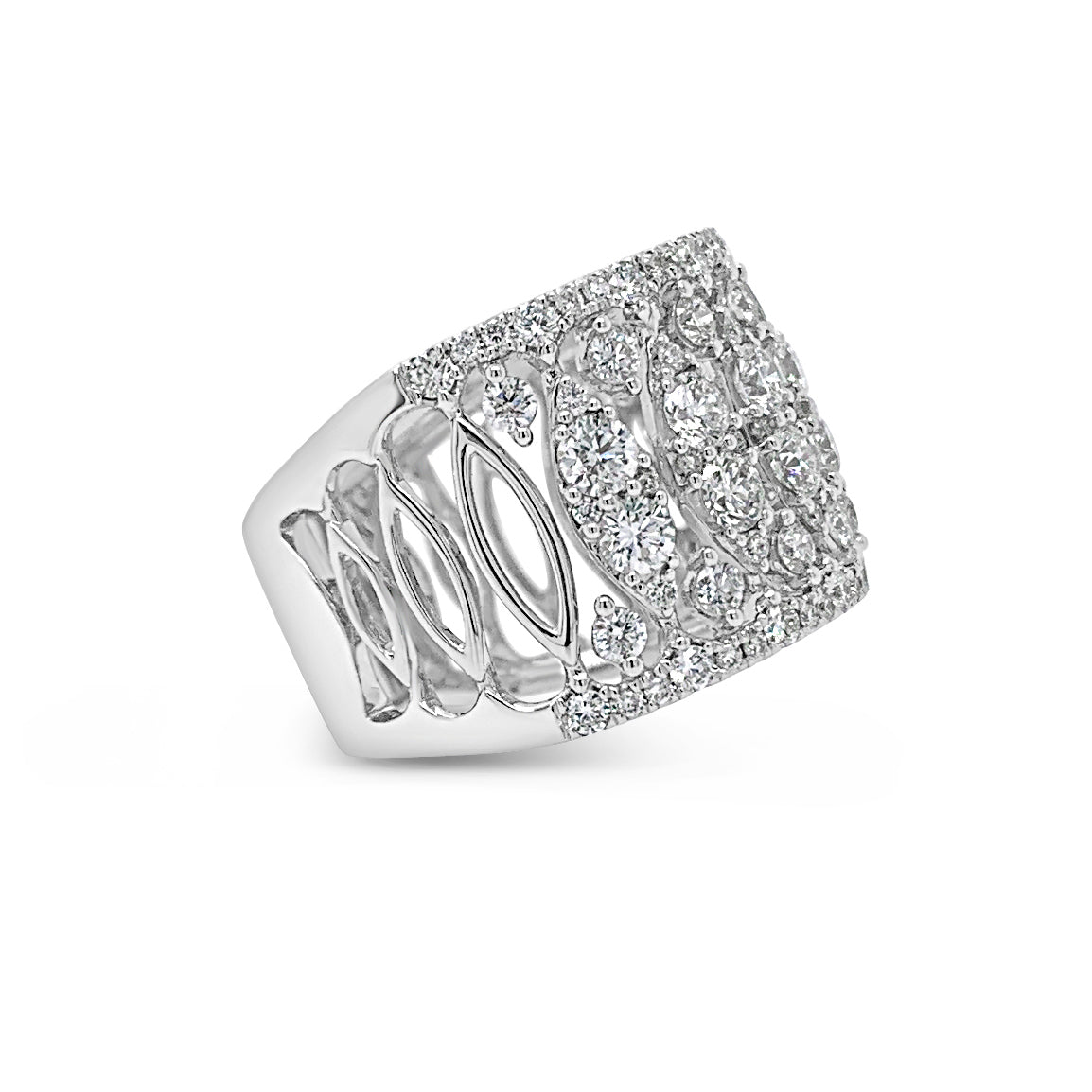 Diamond Open Wave Band  -18K gold weighing 8.89 grams  -108 round diamonds totaling 2.08 carats