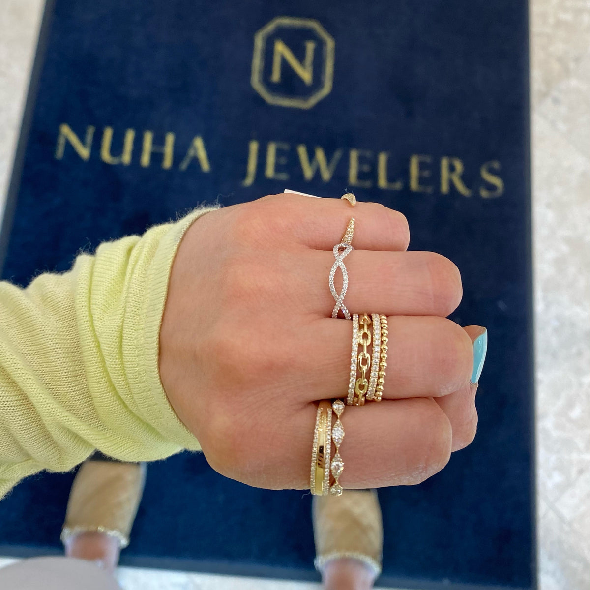 Female Model Wearing Diamond & Beaded Gold Stackable Ring  - 14K gold  - 0.18 cts round diamonds