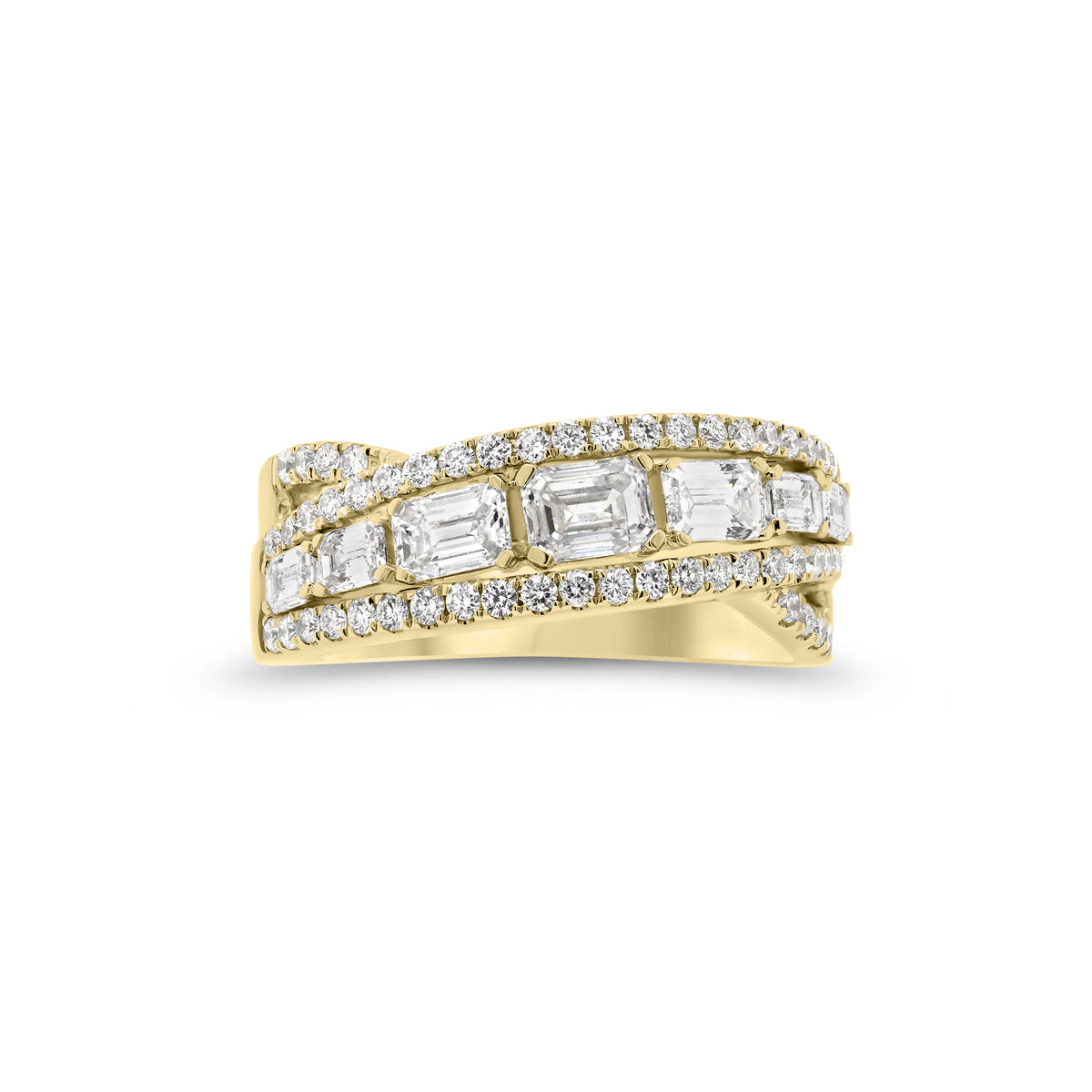 Emerald-Cut Diamond Crossover Ring - 14K yellow gold  - 1.40 cts of round diamonds