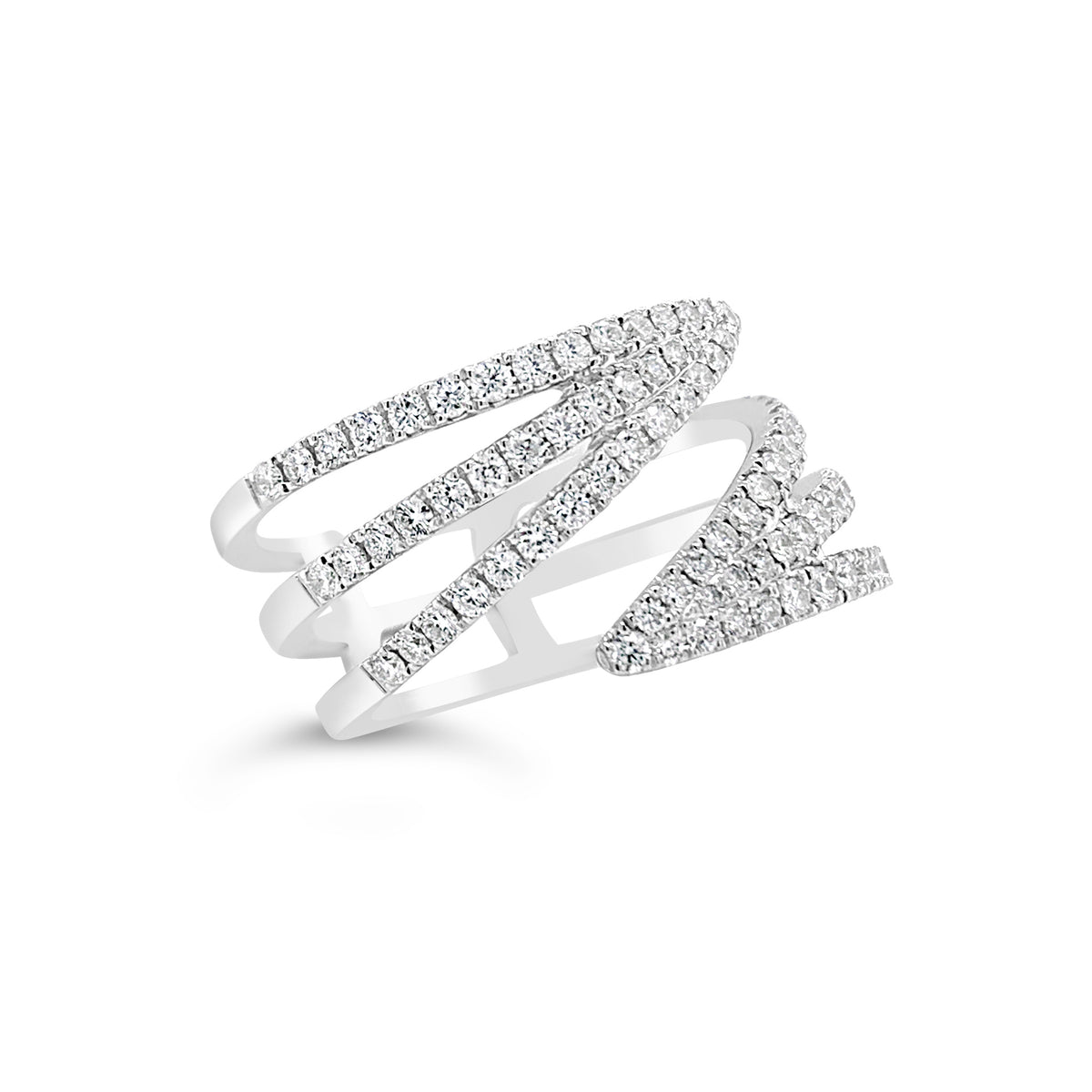 Diamond Triple Coil Ring  -14K gold weighing 4.91 grams  -84 round diamonds totaling 0.69 carats
